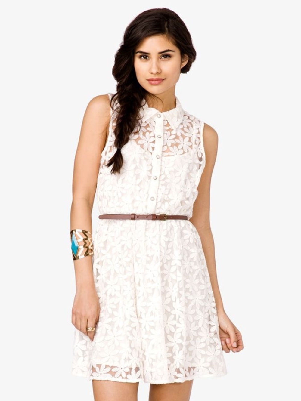 #177- Forever 21 White Floral‎ Lace Sleeveless Shirt Dress